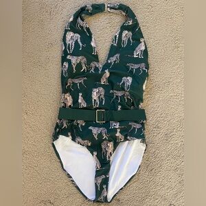 Green Halter Swimsuit with Leopard Print